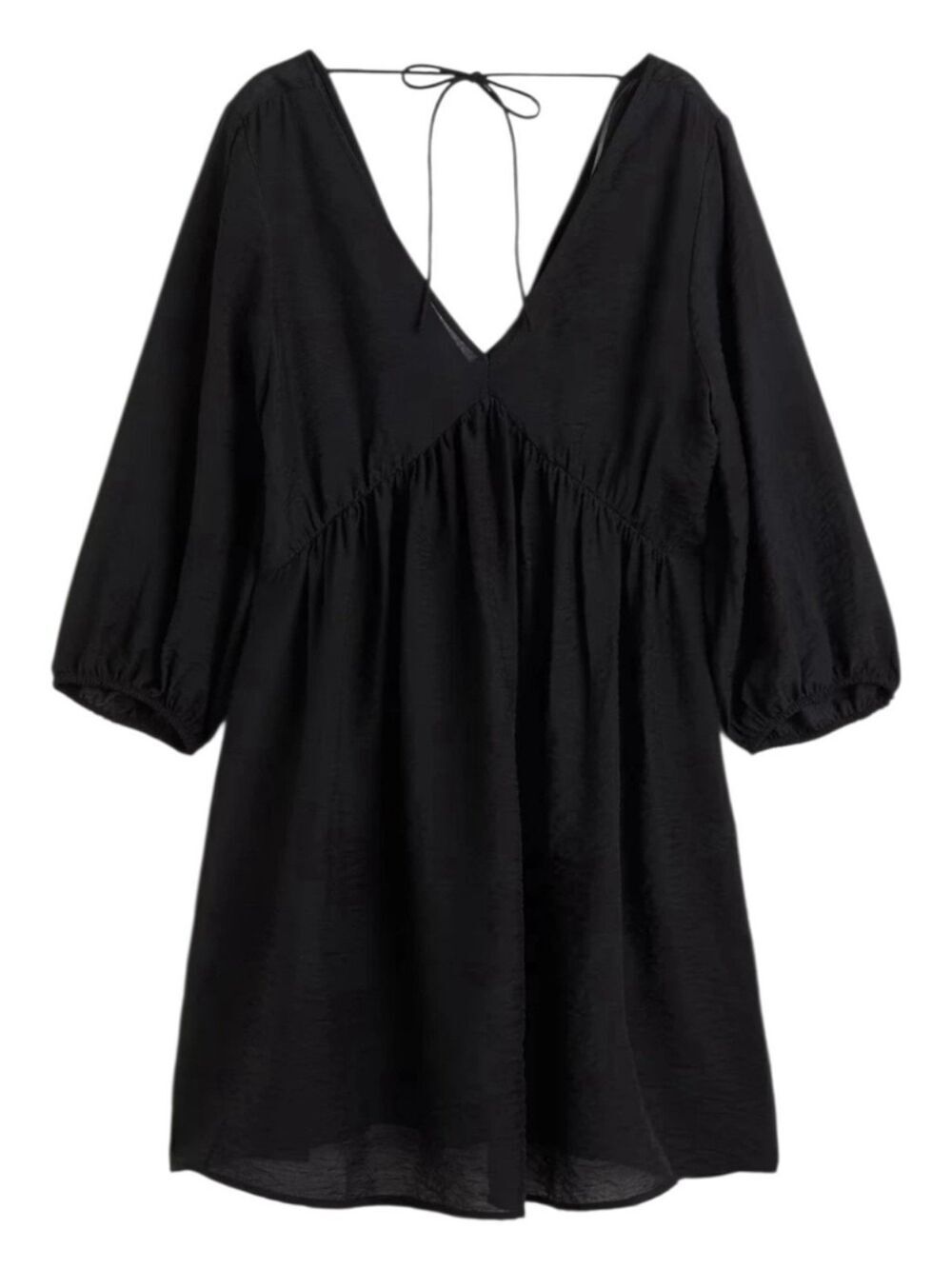 H&M Shift Dress Black V Neck 3/4 Balloon Sleeve Tie Back Size XS NWT